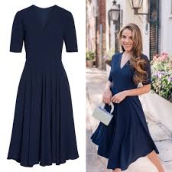 GAL MEETS GLAM Edith Crepe V-Neck Fit and Flare Midi Navy Dress - 20 Like New - Picture 1 of 7